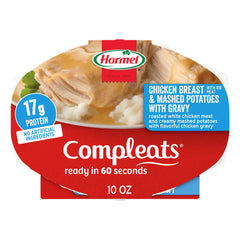 Hormel Compleats chicken breast with mashed potatoes and gravy tray, front view; microwave-ready dinner.