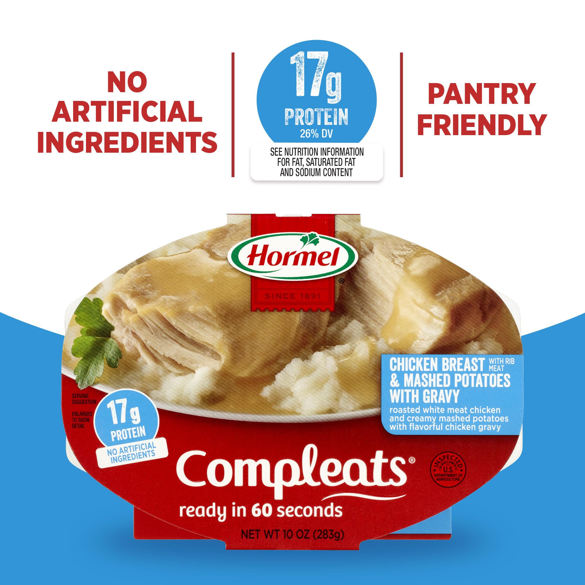 Hormel Compleats ingredients panel; clear nutrition and real-food components.