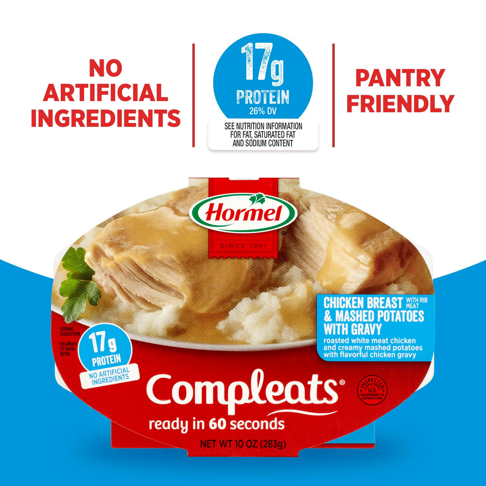 Hormel Compleats ingredients panel; clear nutrition and real-food components.