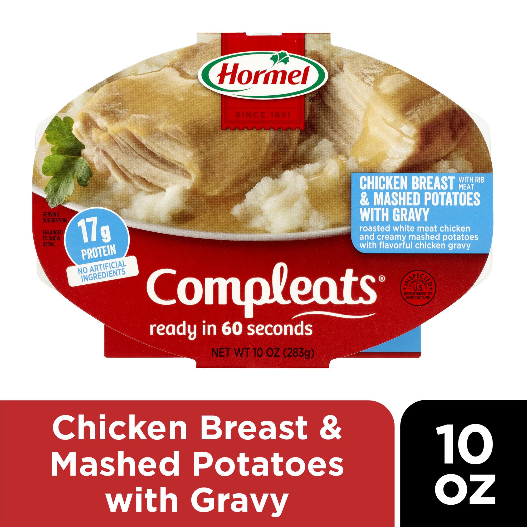 Hormel Compleats microwave-ready label; 60-second heat time for fast meals.