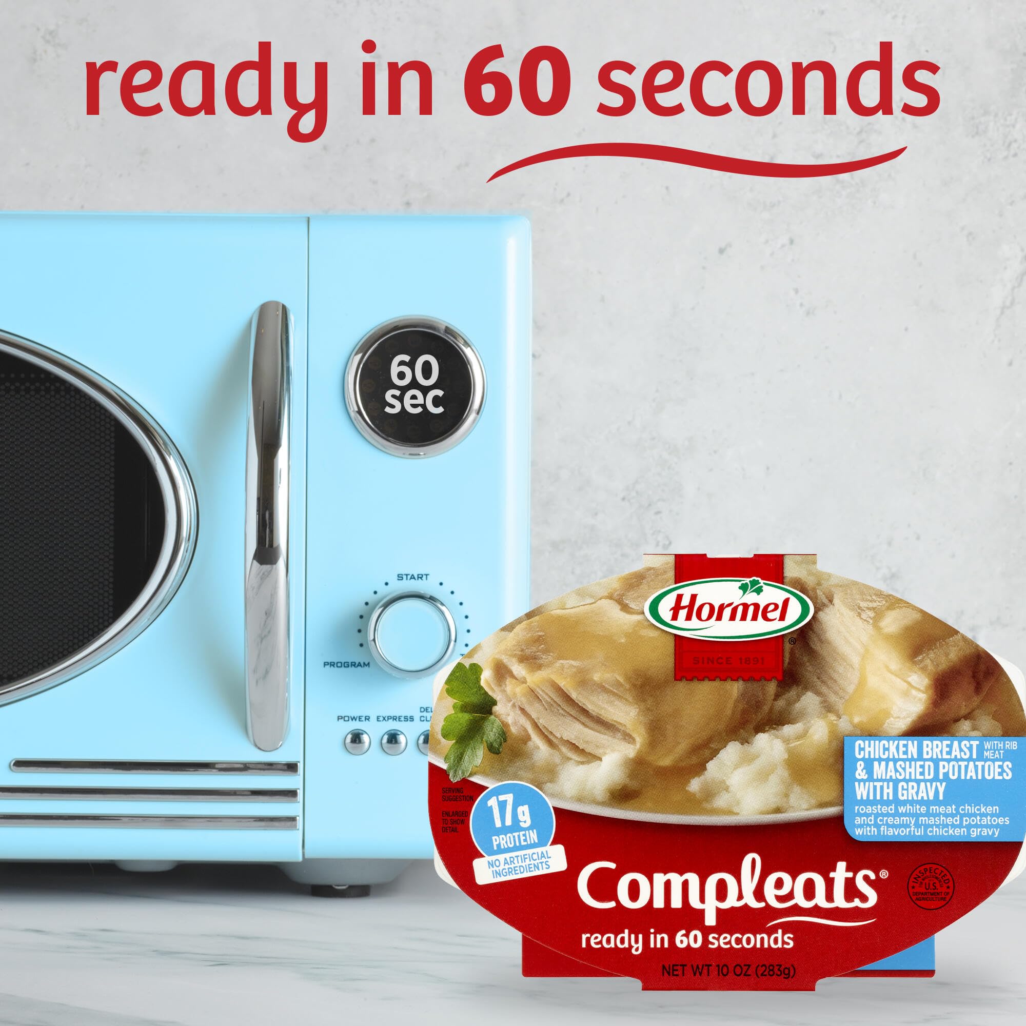 Hormel Compleats packaging; shelf-stable dinner that stores easily in a pantry.