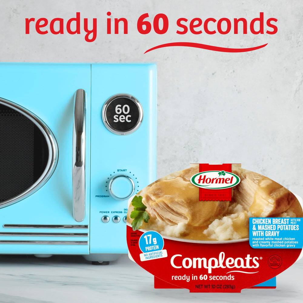 Hormel Compleats packaging; shelf-stable dinner that stores easily in a pantry.