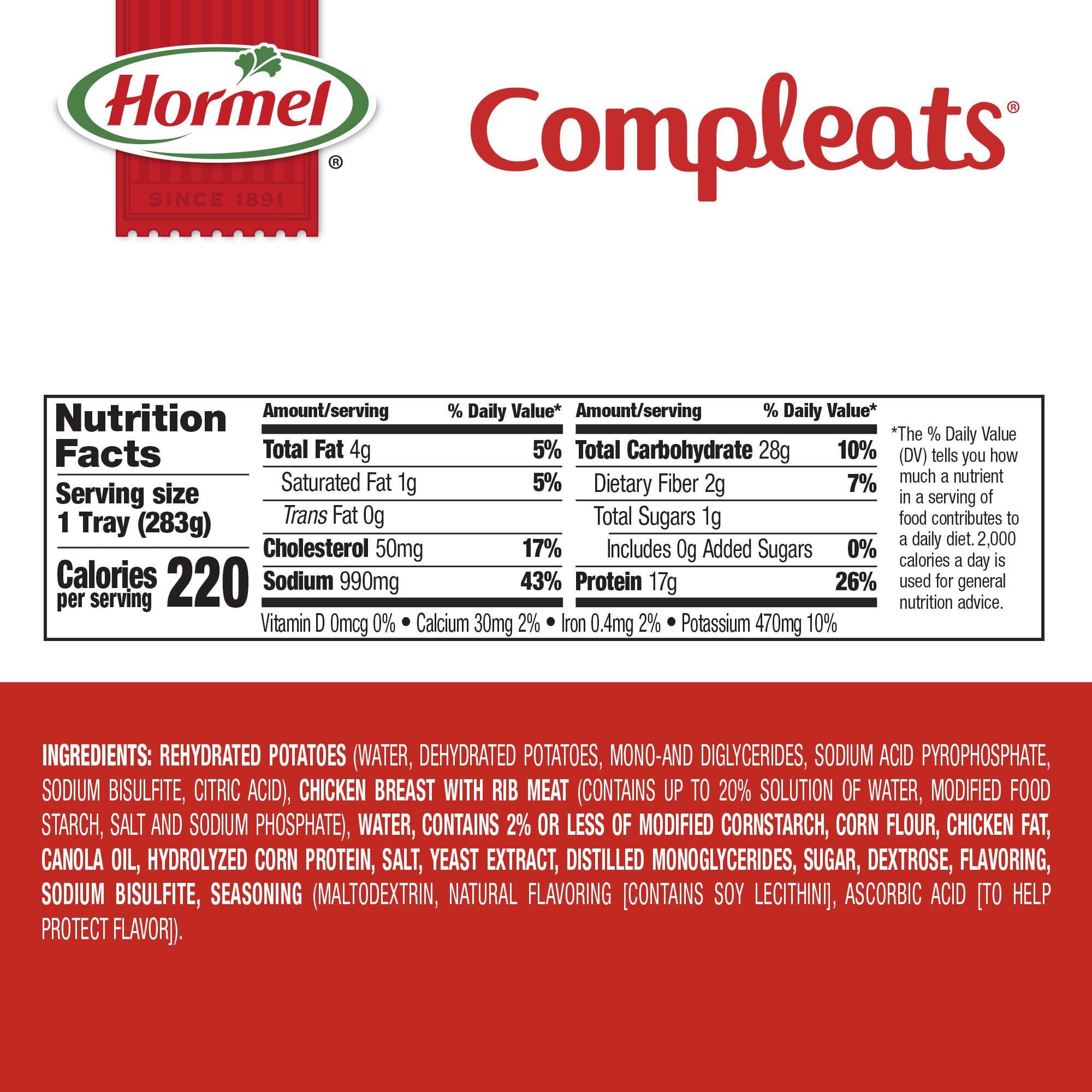 Hormel Compleats serving view with creamy mashed potatoes; easy reheating for busy days.