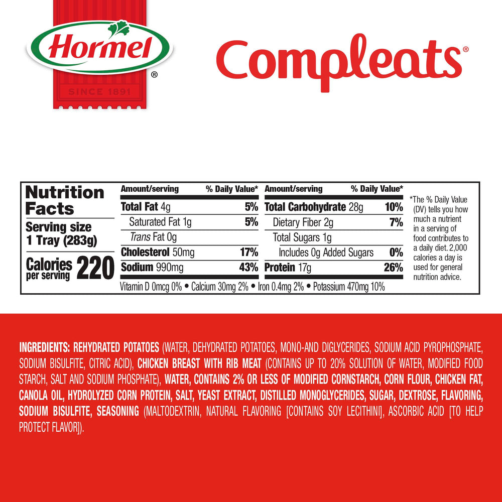 Hormel Compleats serving view with creamy mashed potatoes; easy reheating for busy days.