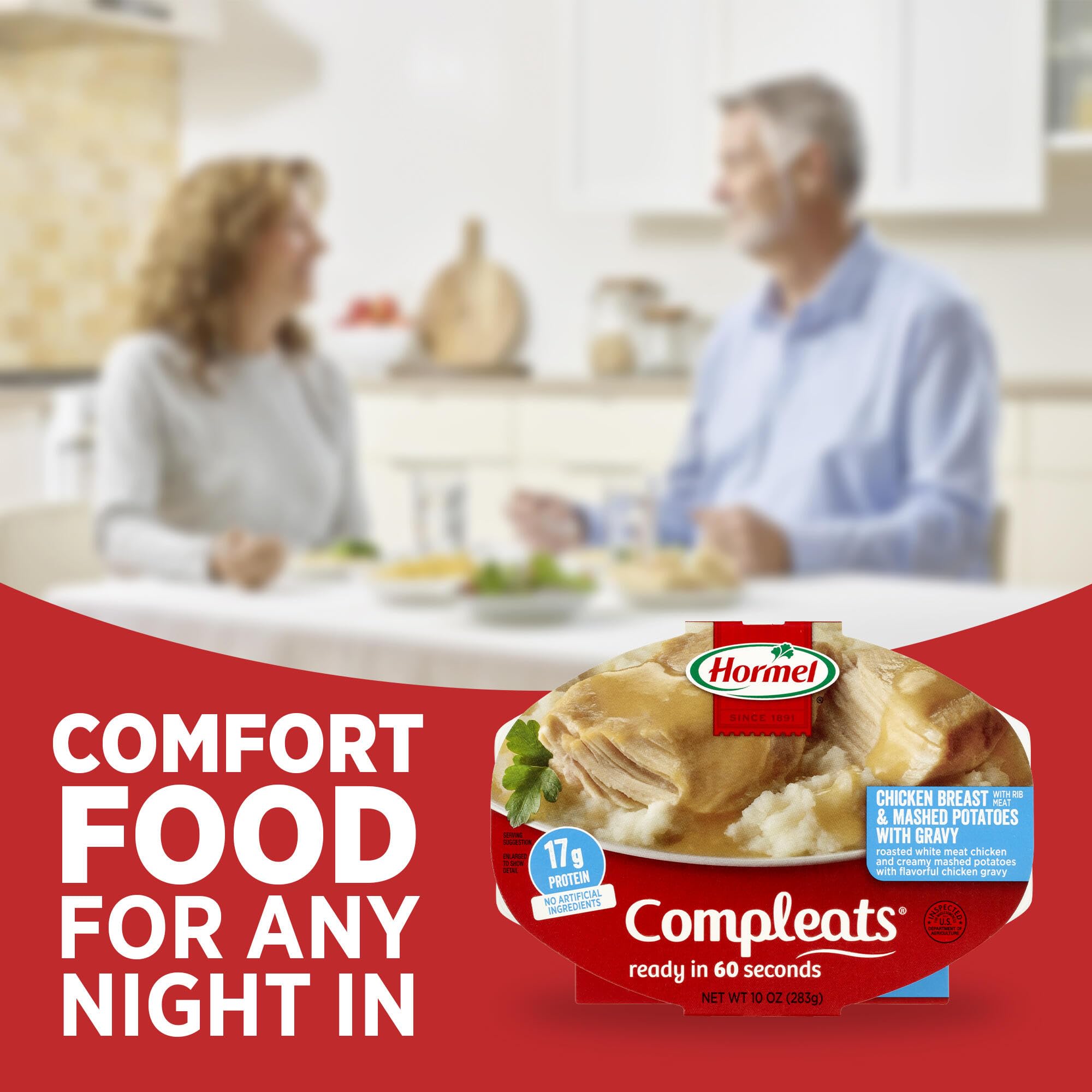 Hormel Compleats single-serve tray shown for desk lunch or quick dinner.