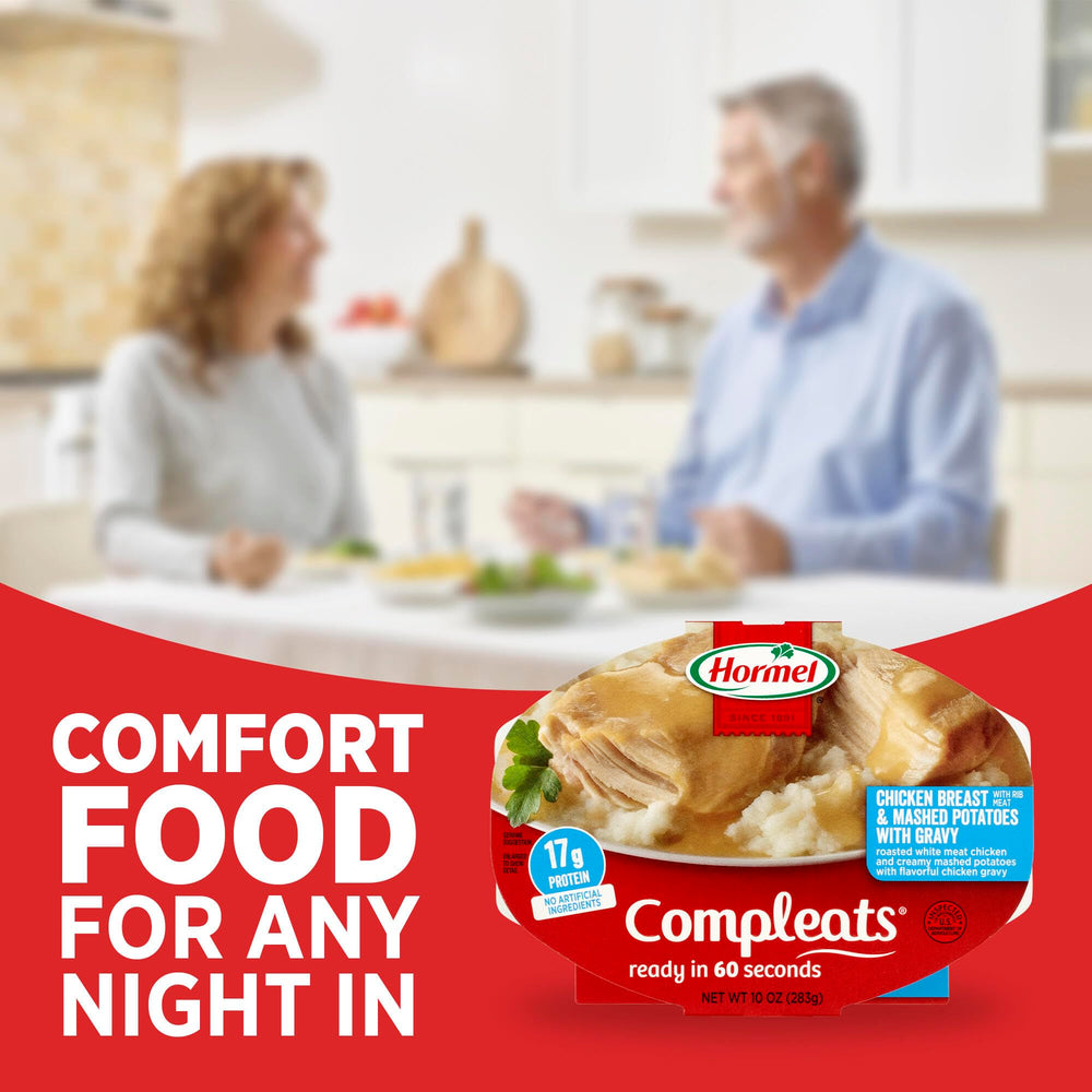 Hormel Compleats single-serve tray shown for desk lunch or quick dinner.