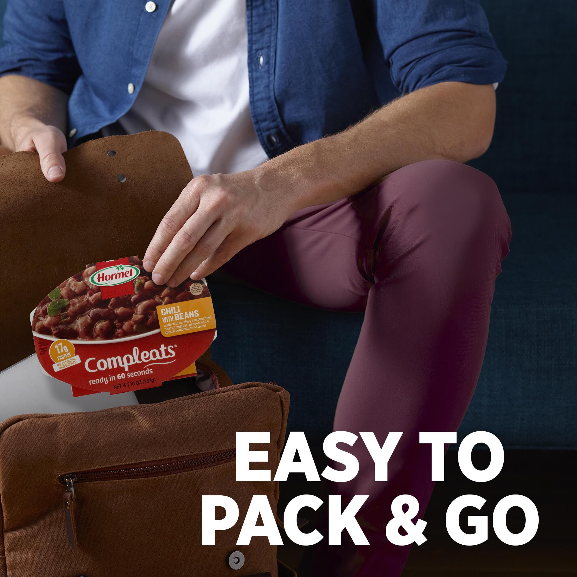 Microwave-ready tray of HORMEL COMPLEATS chili with beans heating