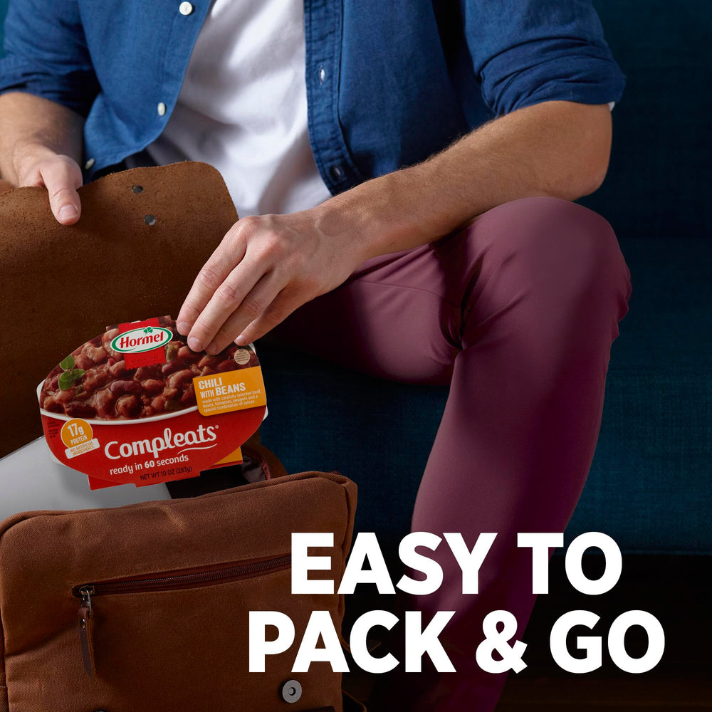 Microwave-ready tray of HORMEL COMPLEATS chili with beans heating