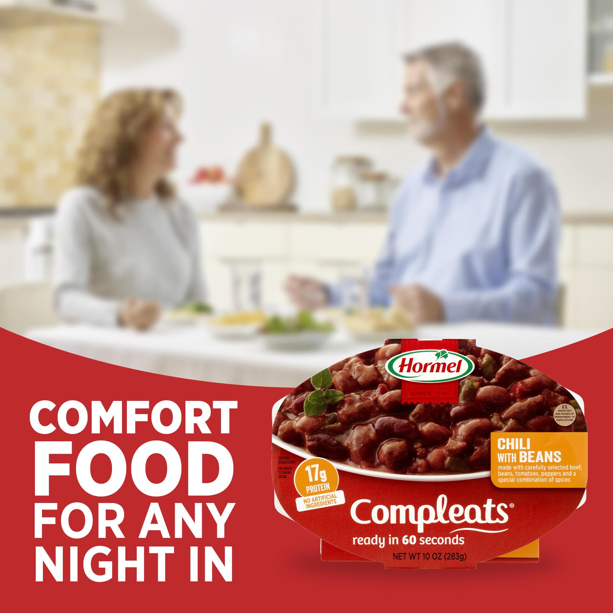 Serving bowl of HORMEL COMPLEATS chili with beans for desk lunch