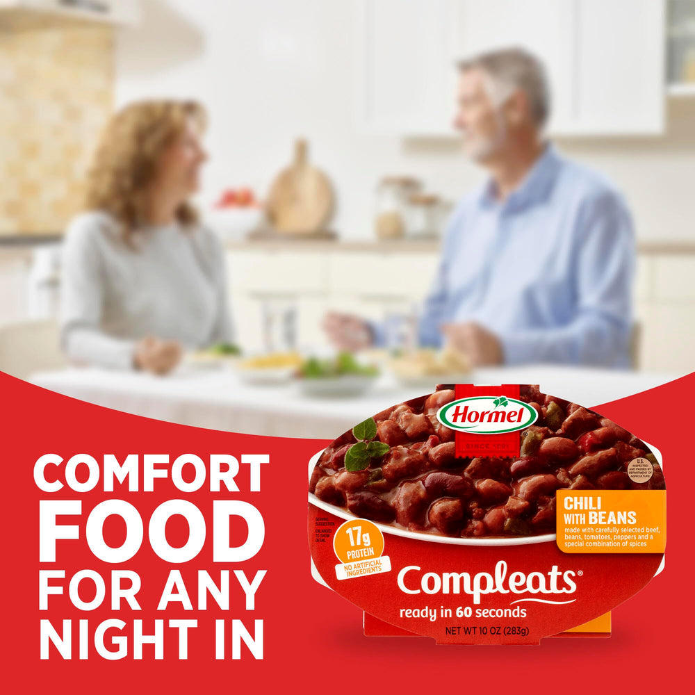Serving bowl of HORMEL COMPLEATS chili with beans for desk lunch