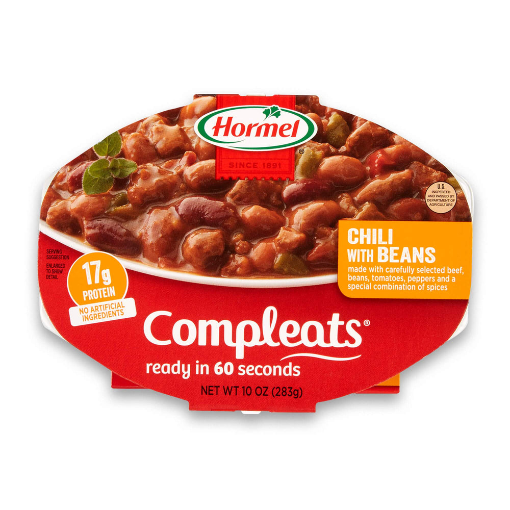HORMEL COMPLEATS chili with beans tray front shows ready-to-eat convenience
