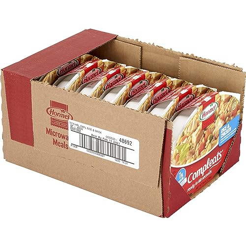 Closeup of HORMEL COMPLEATS microwave tray showing prepared meal