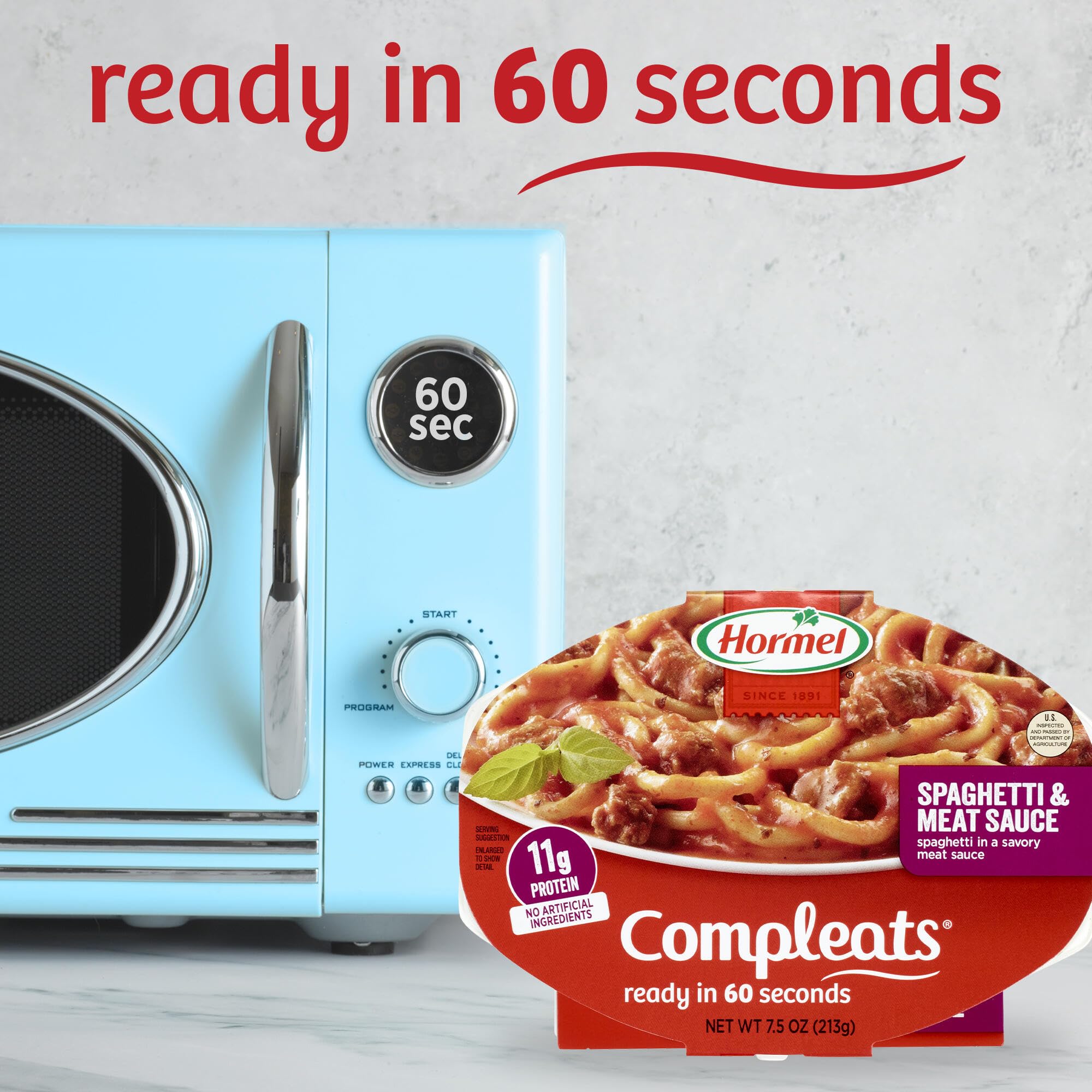 HORMEL COMPLEATS spaghetti-meat-sauce-tray nutrition panel, 11 g protein per serving.