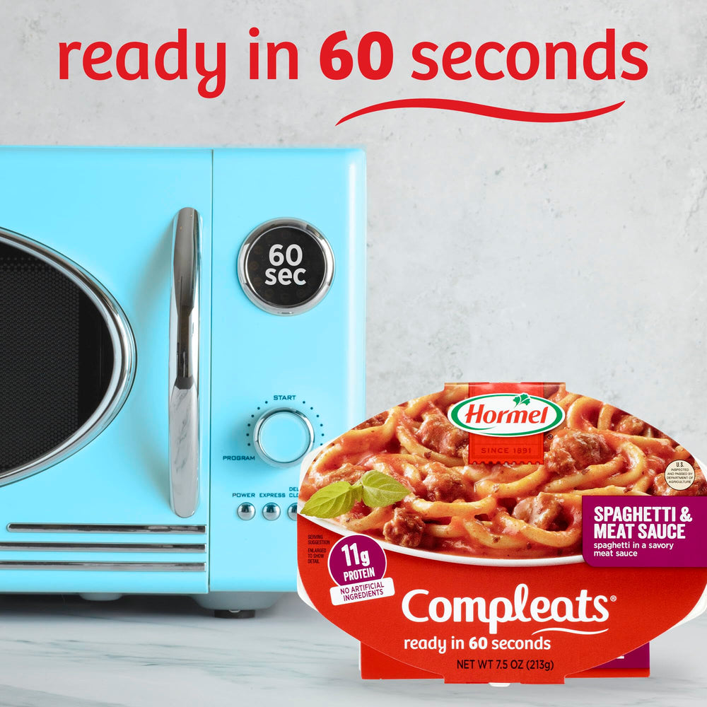 HORMEL COMPLEATS spaghetti-meat-sauce-tray nutrition panel, 11 g protein per serving.