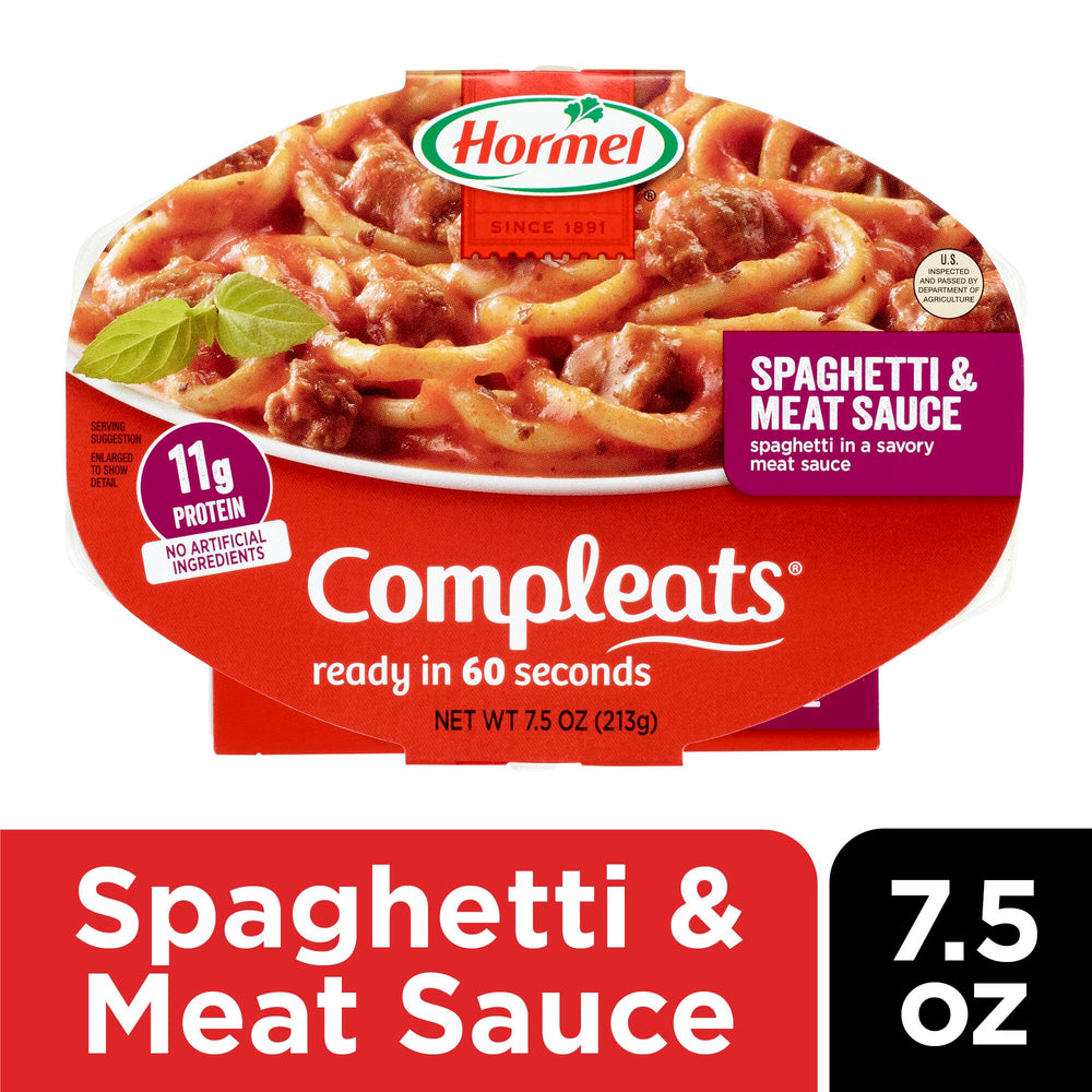 HORMEL COMPLEATS packaging on shelf, shelf-stable convenience for pantry.
