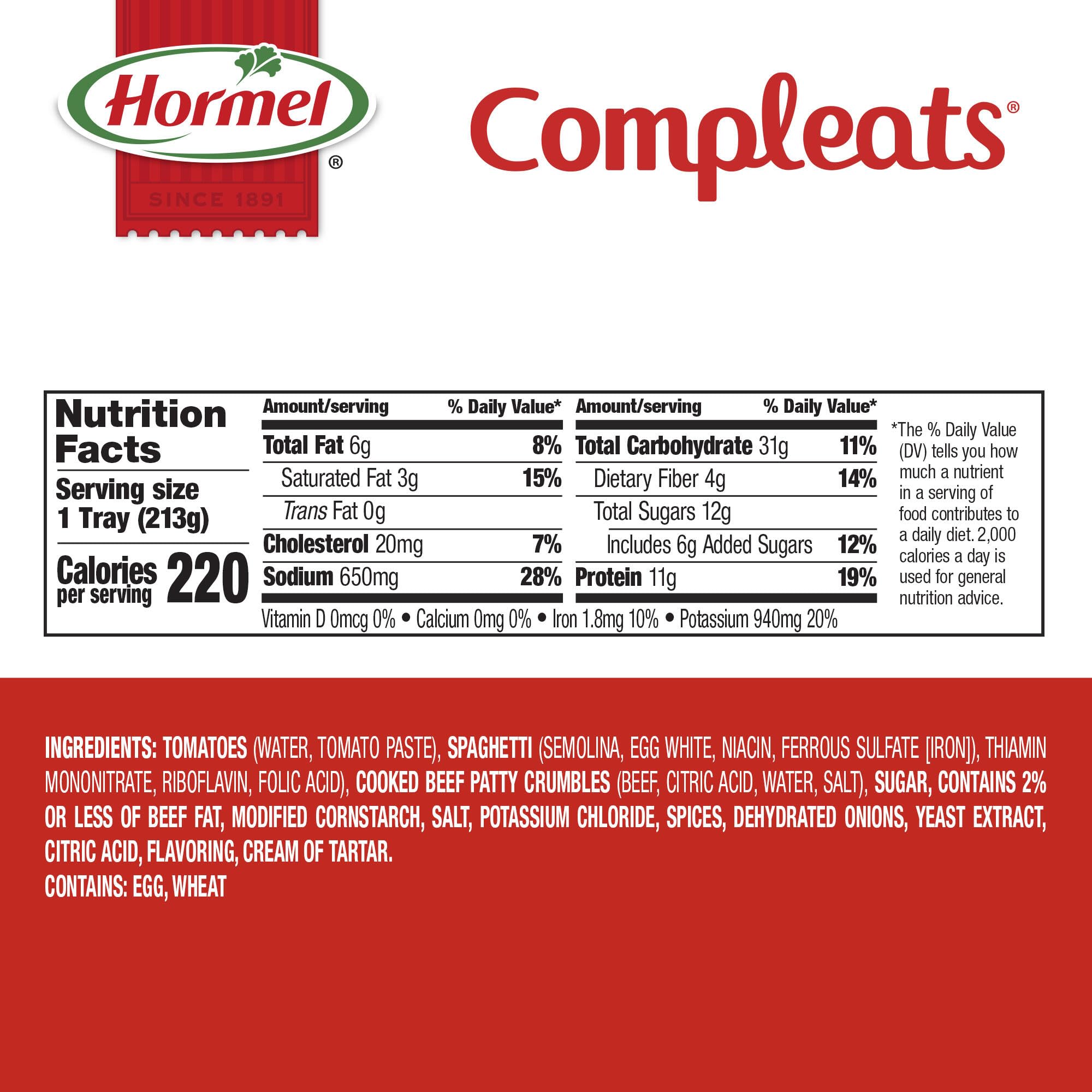 HORMEL COMPLEATS spaghetti-meat-sauce-tray top view, convenient pantry meal.