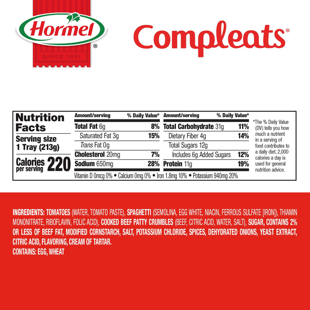 HORMEL COMPLEATS spaghetti-meat-sauce-tray top view, convenient pantry meal.