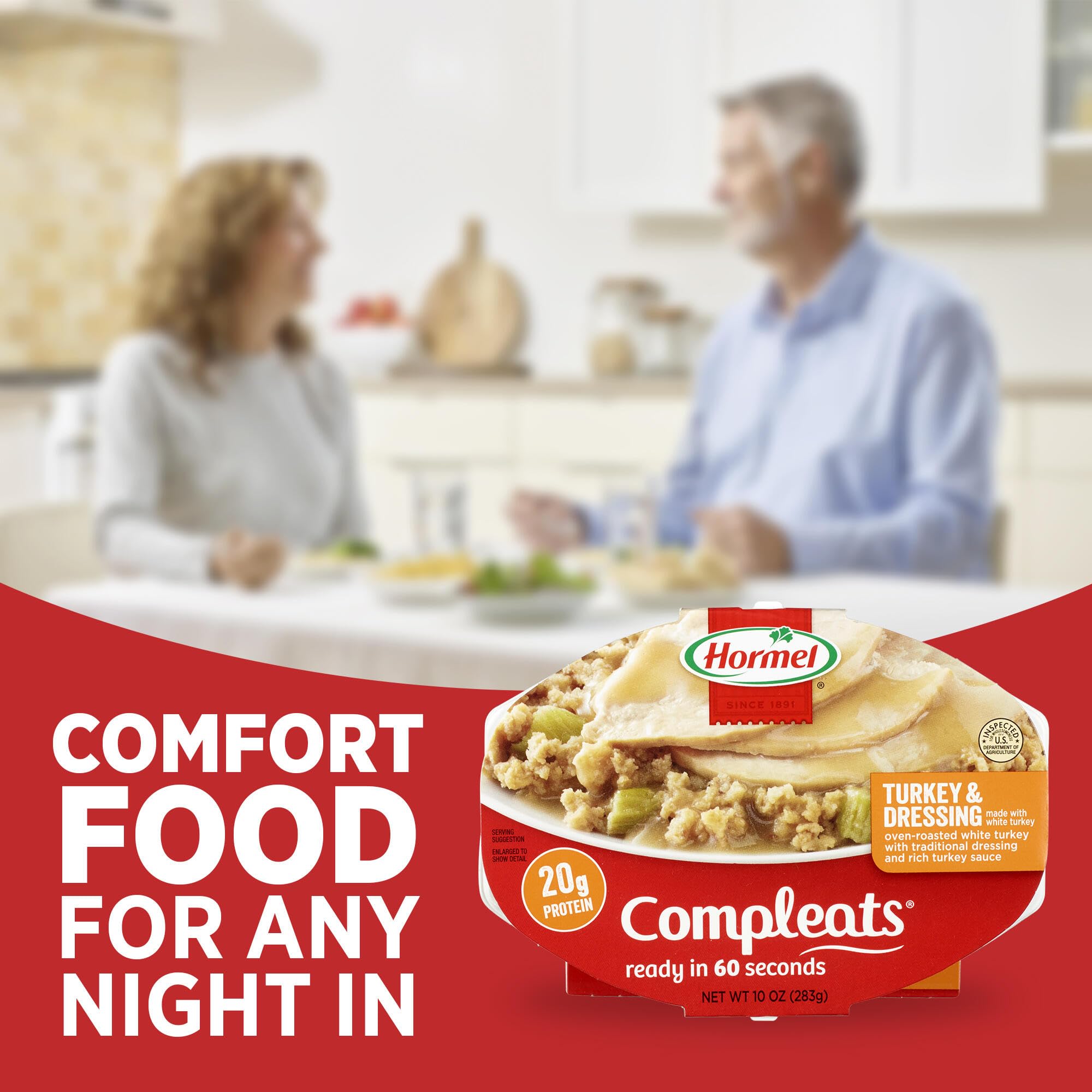 HORMEL COMPLEATS Turkey & Dressing tray ready-to-serve on the dining table.