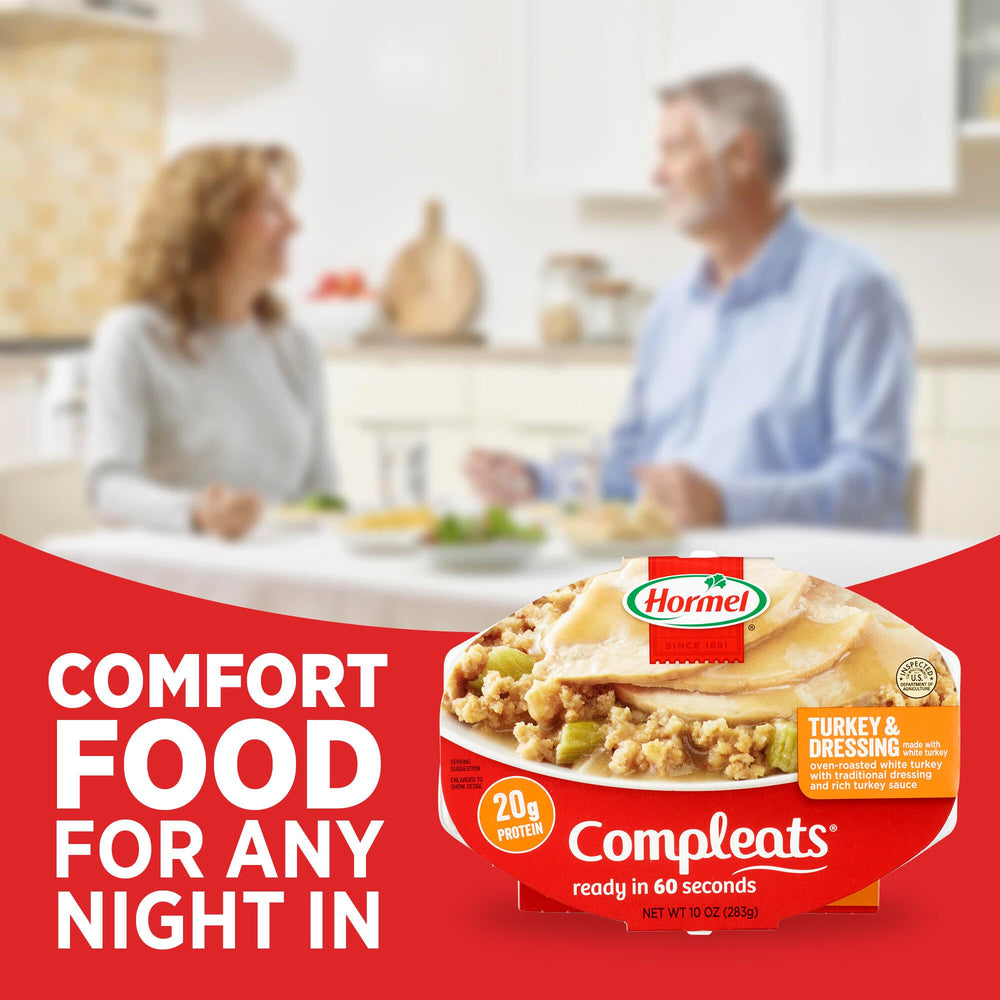 HORMEL COMPLEATS Turkey & Dressing tray ready-to-serve on the dining table.