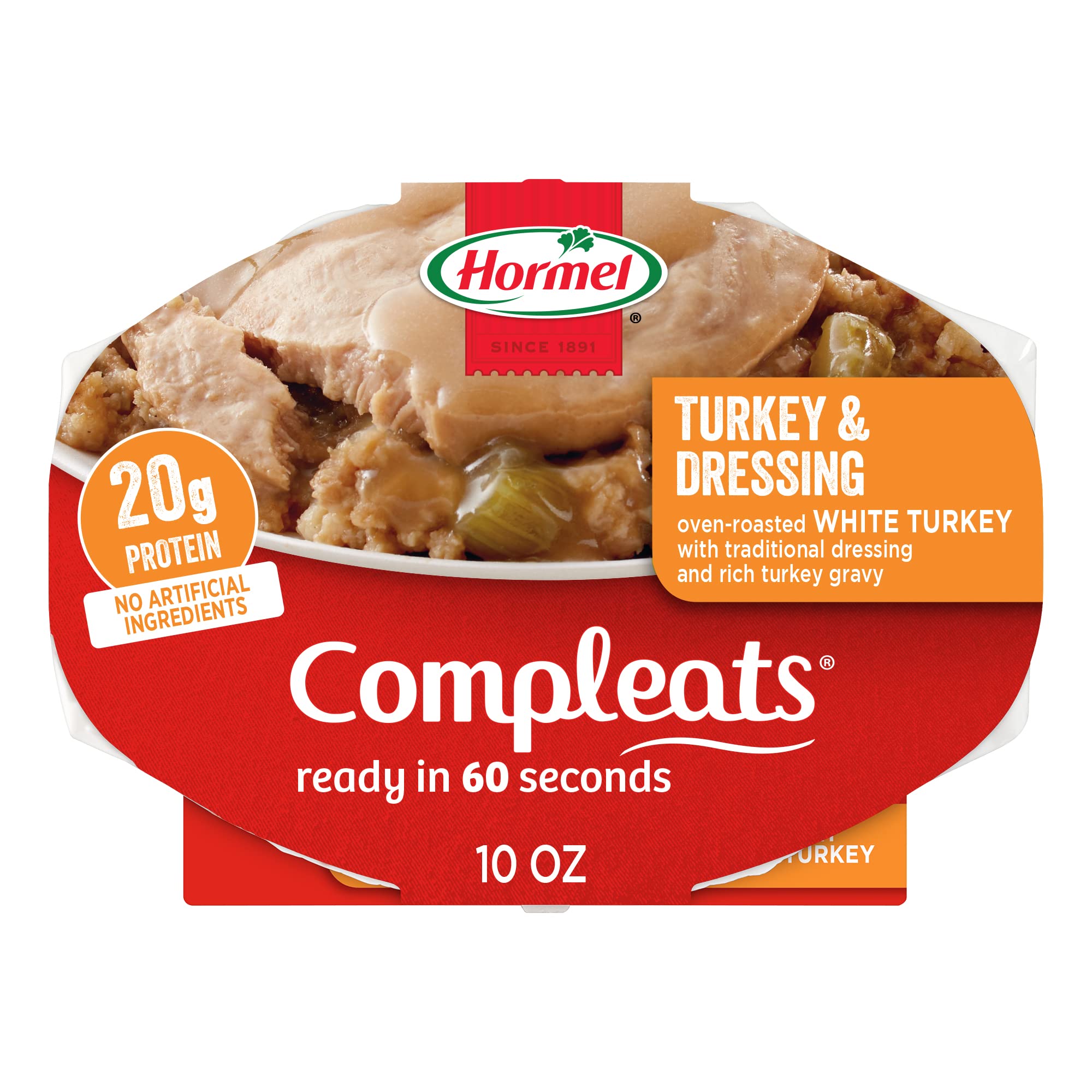 HORMEL COMPLEATS Turkey & Dressing tray front view, ready-to-eat in 60 seconds.
