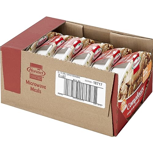 HORMEL COMPLEATS Turkey & Dressing tray on pantry shelf, a convenient shelf-stable option.