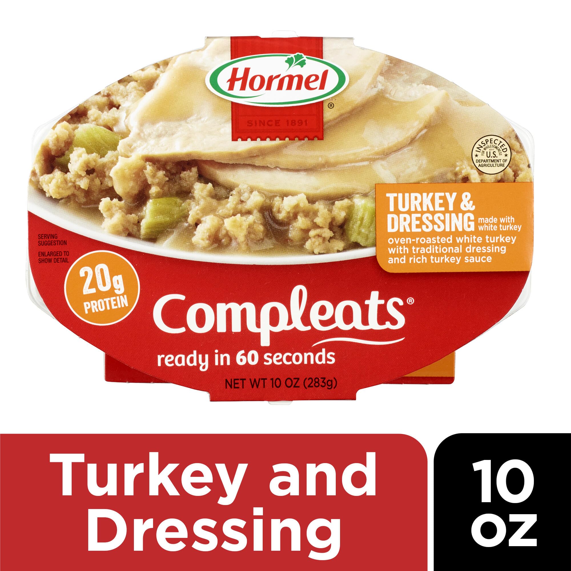 HORMEL COMPLEATS Turkey & Dressing tray heated in microwave for a fast dinner.