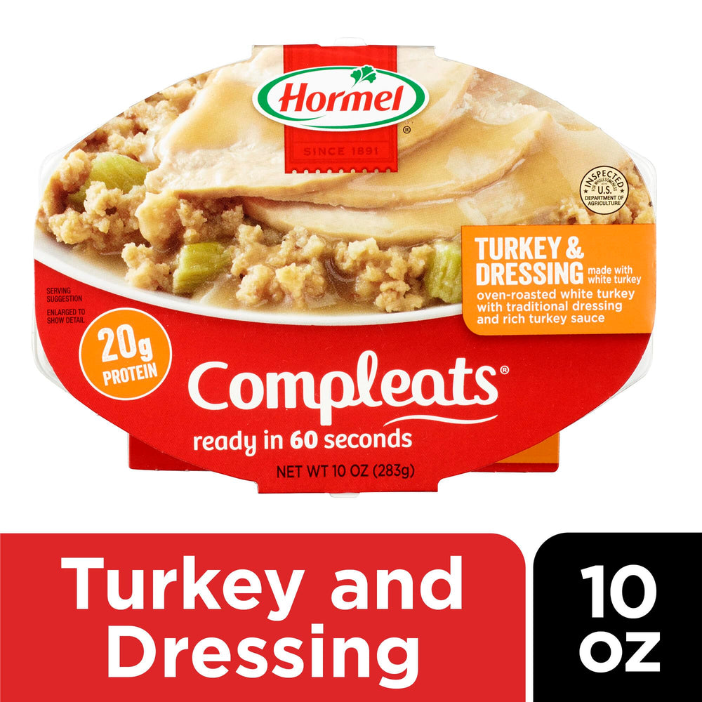 HORMEL COMPLEATS Turkey & Dressing tray heated in microwave for a fast dinner.