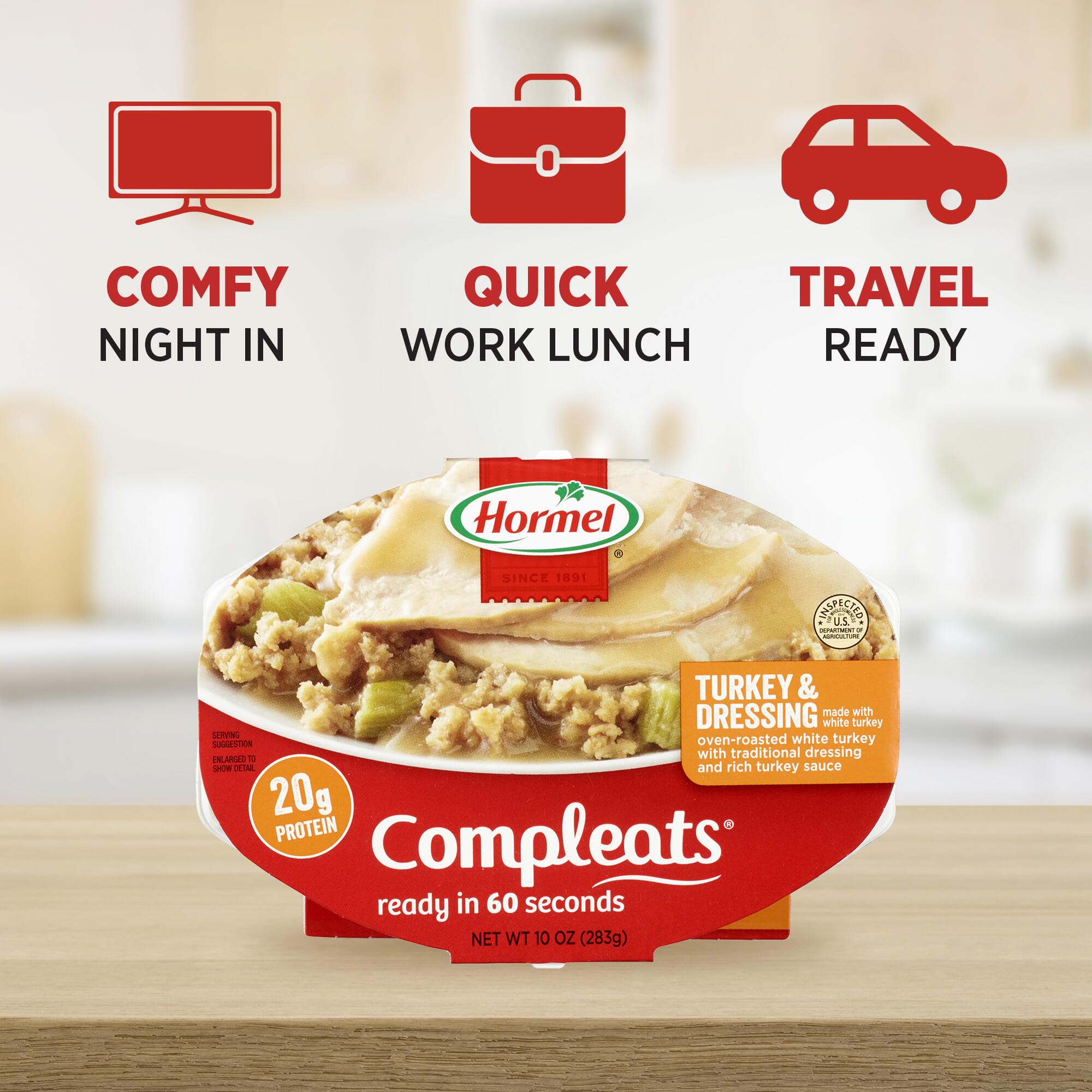 HORMEL COMPLEATS Turkey & Dressing tray packaging for pantry storage.
