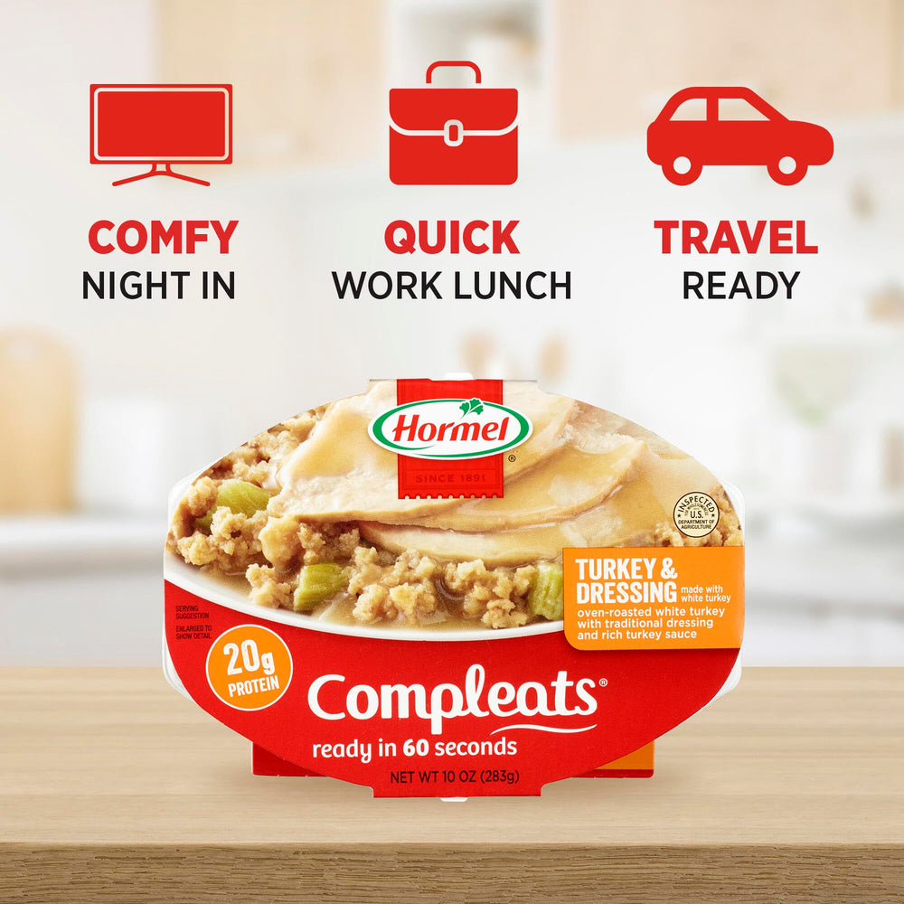 HORMEL COMPLEATS Turkey & Dressing tray packaging for pantry storage.