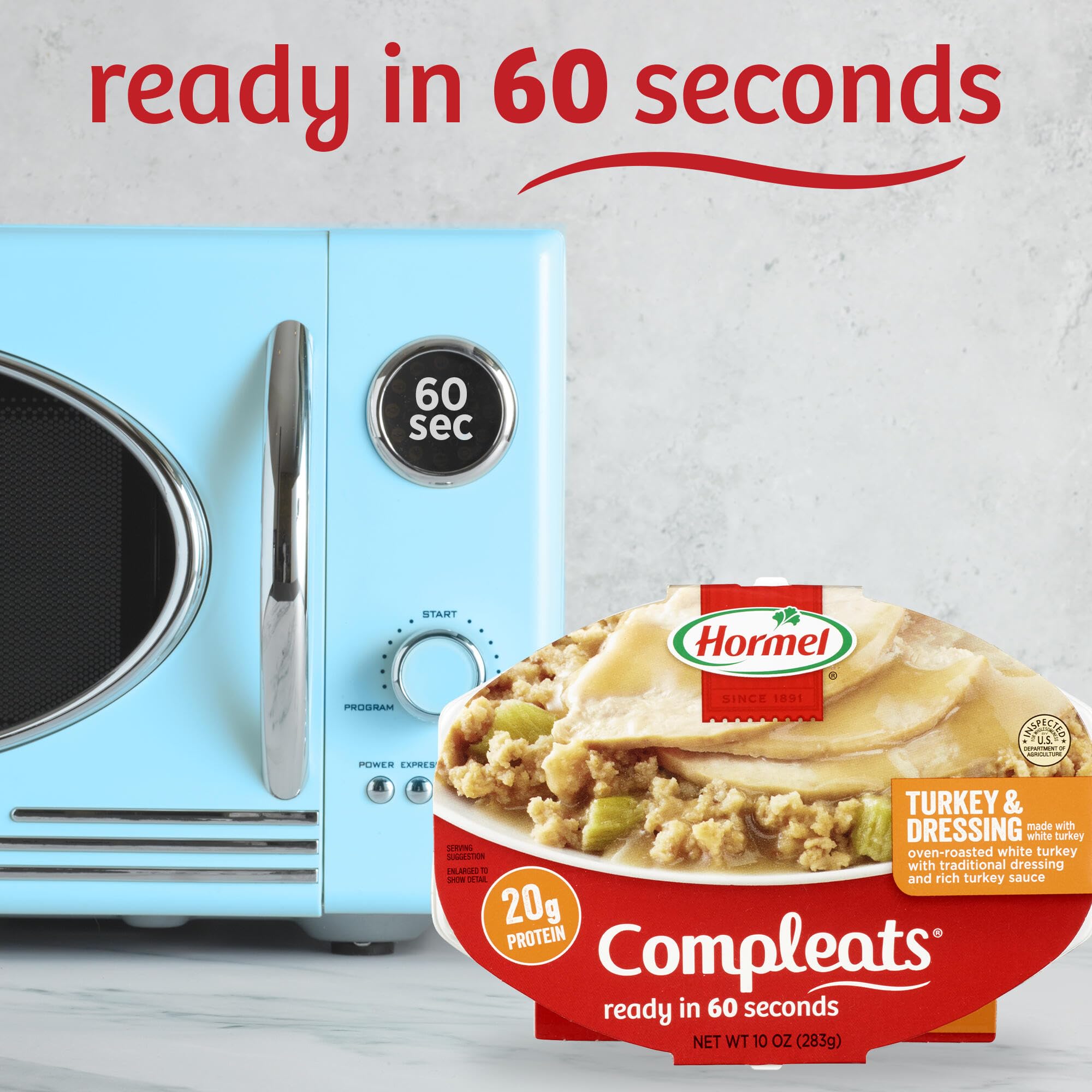 HORMEL COMPLEATS Turkey & Dressing tray stored in a kitchen pantry.