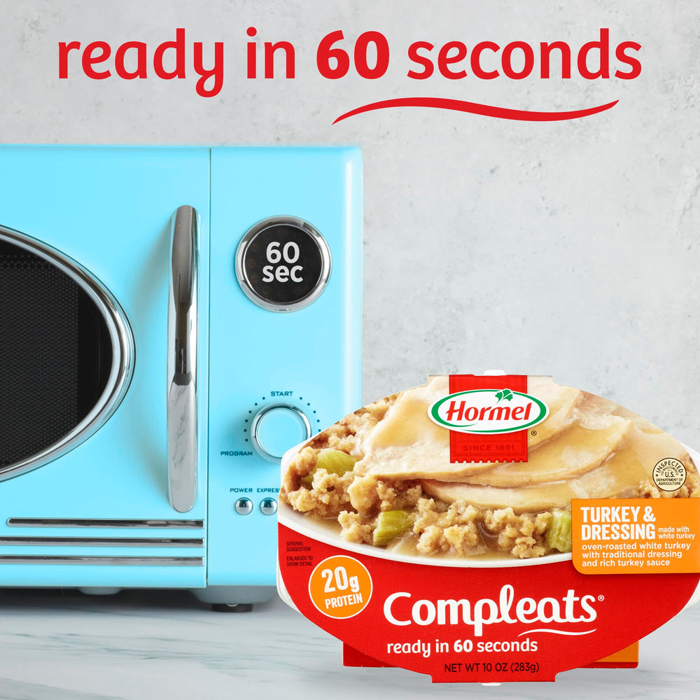 HORMEL COMPLEATS Turkey & Dressing tray stored in a kitchen pantry.