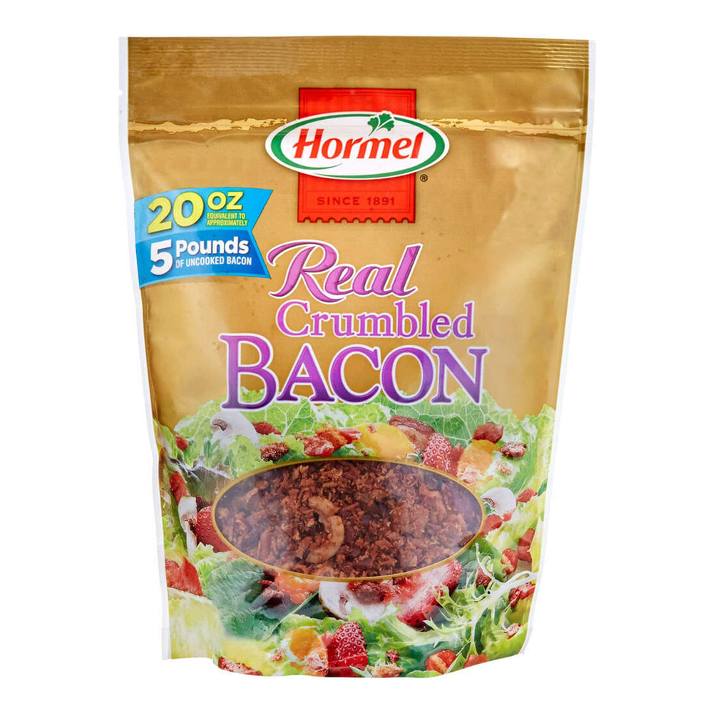 Hormel Real Crumbled Bacon 20 oz bag front label, ready to top favorites.