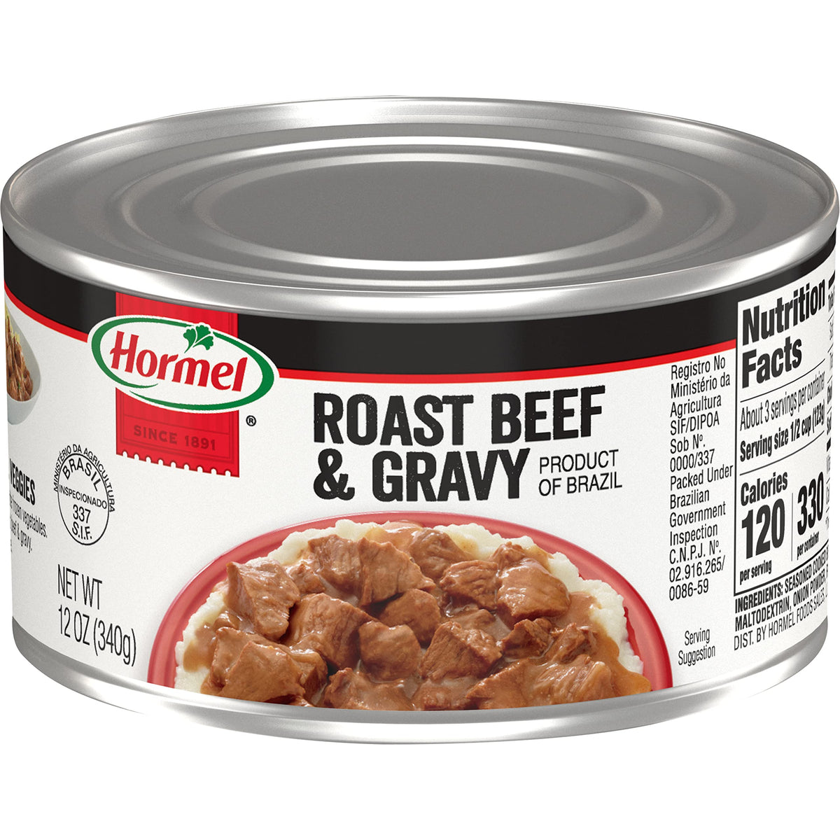Hormel Roast Beef and Gravy can front view, ready-to-use protein for meals.