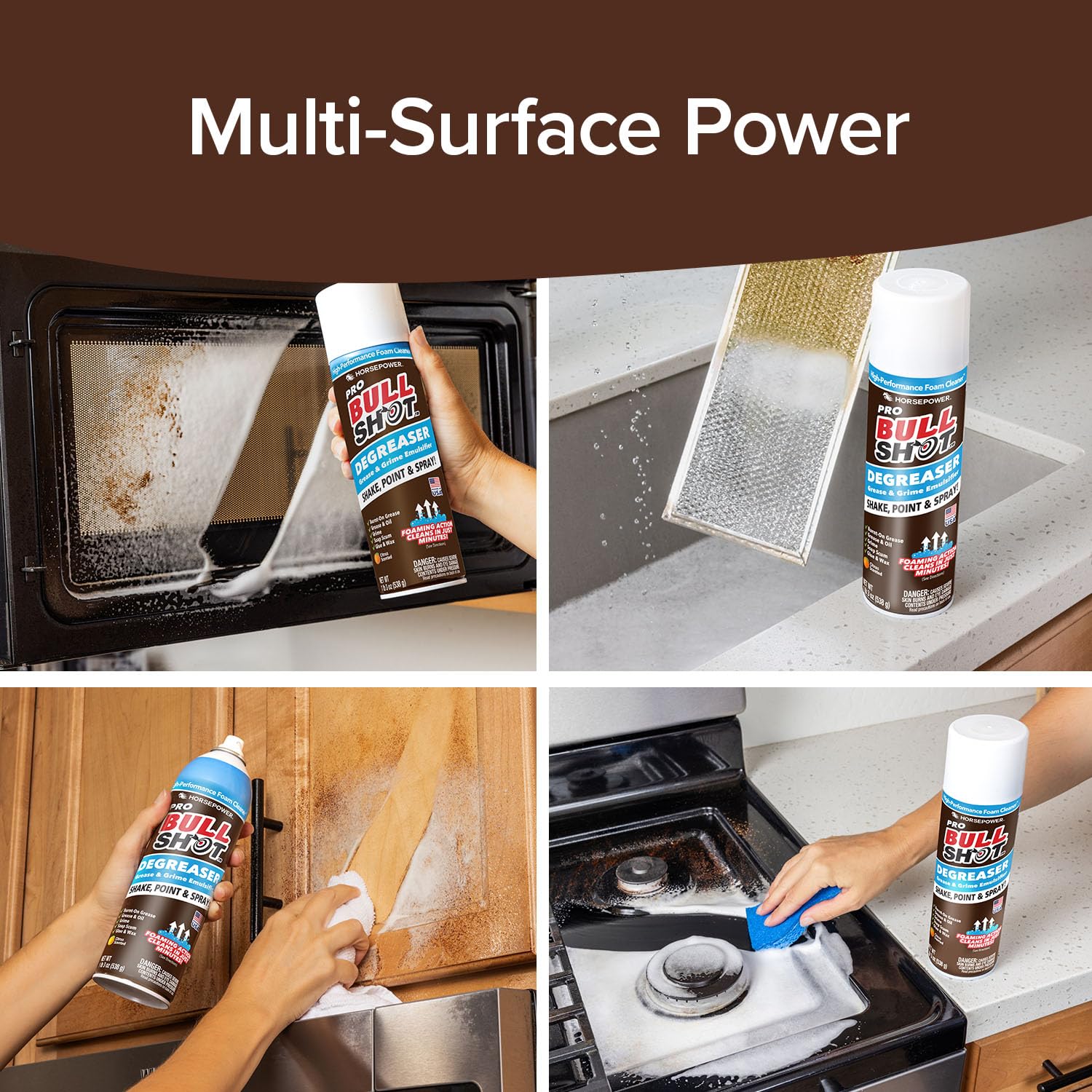 Horsepower Bull Shot Degreaser Pro dissolves tough oil fast for clean stovetops.