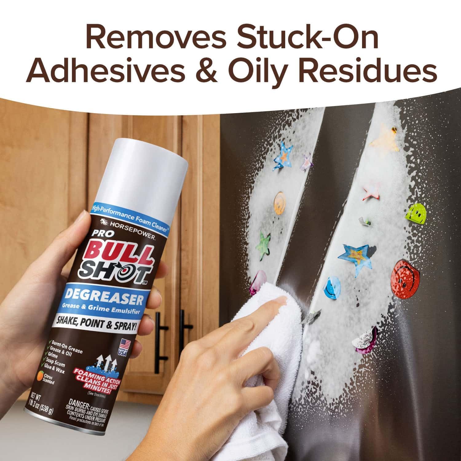 Horsepower Bull Shot Degreaser Pro tackles glue residue and tape marks.