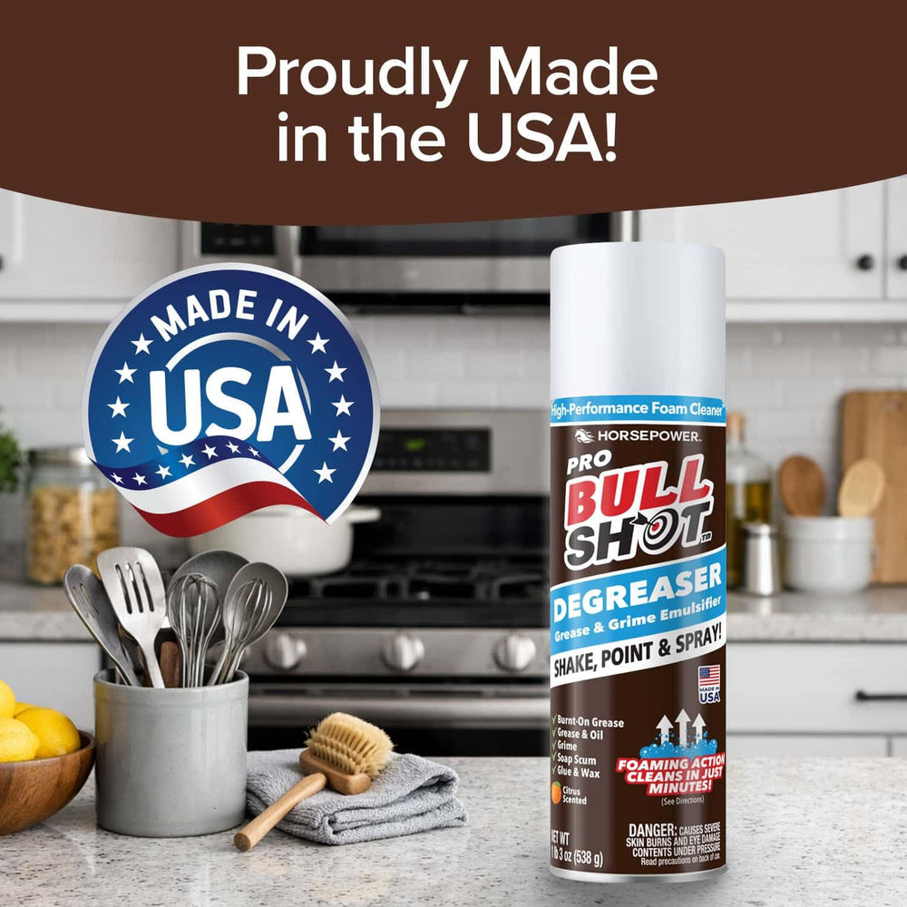 Horsepower Bull Shot Degreaser Pro removes soap scum and grime.
