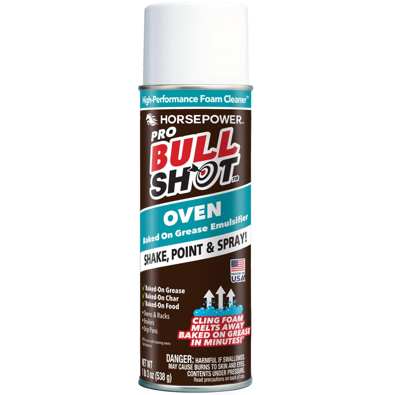 Horsepower Bull Shot Oven Pro bottle pour demonstrates easy application for quick grease cleanup.