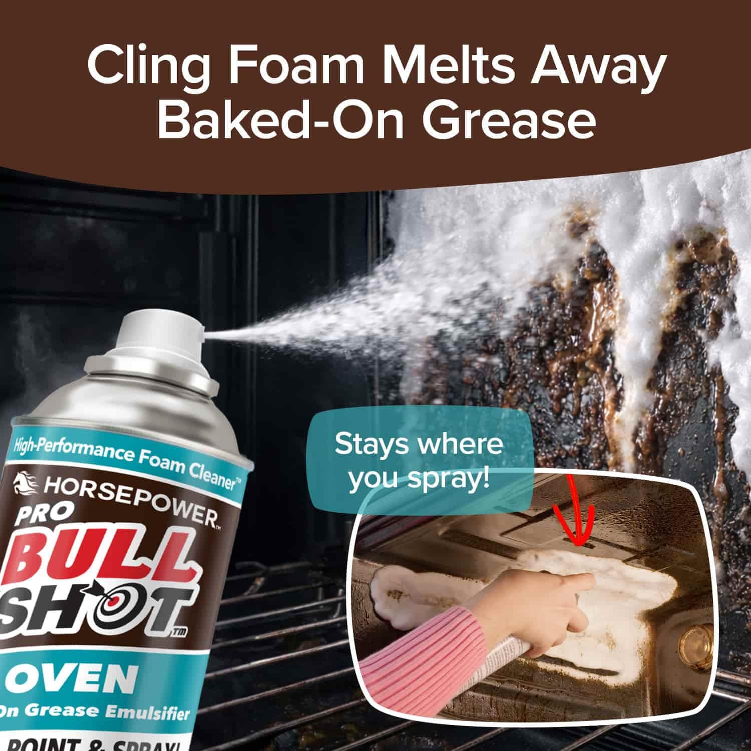 Horsepower Bull Shot Oven Pro foaming-cling sticks to vertical oven surfaces for thorough cleaning.