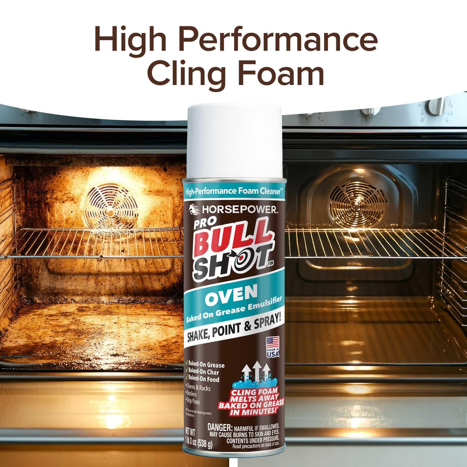 Horsepower Bull Shot Oven Pro spray-action enables fast, targeted grease removal.