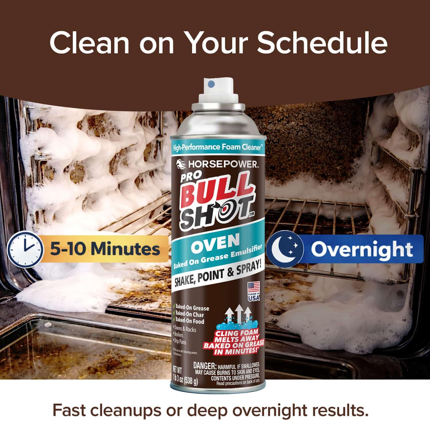Horsepower Bull Shot Oven Pro cleans stainless steel and glass surfaces effectively.