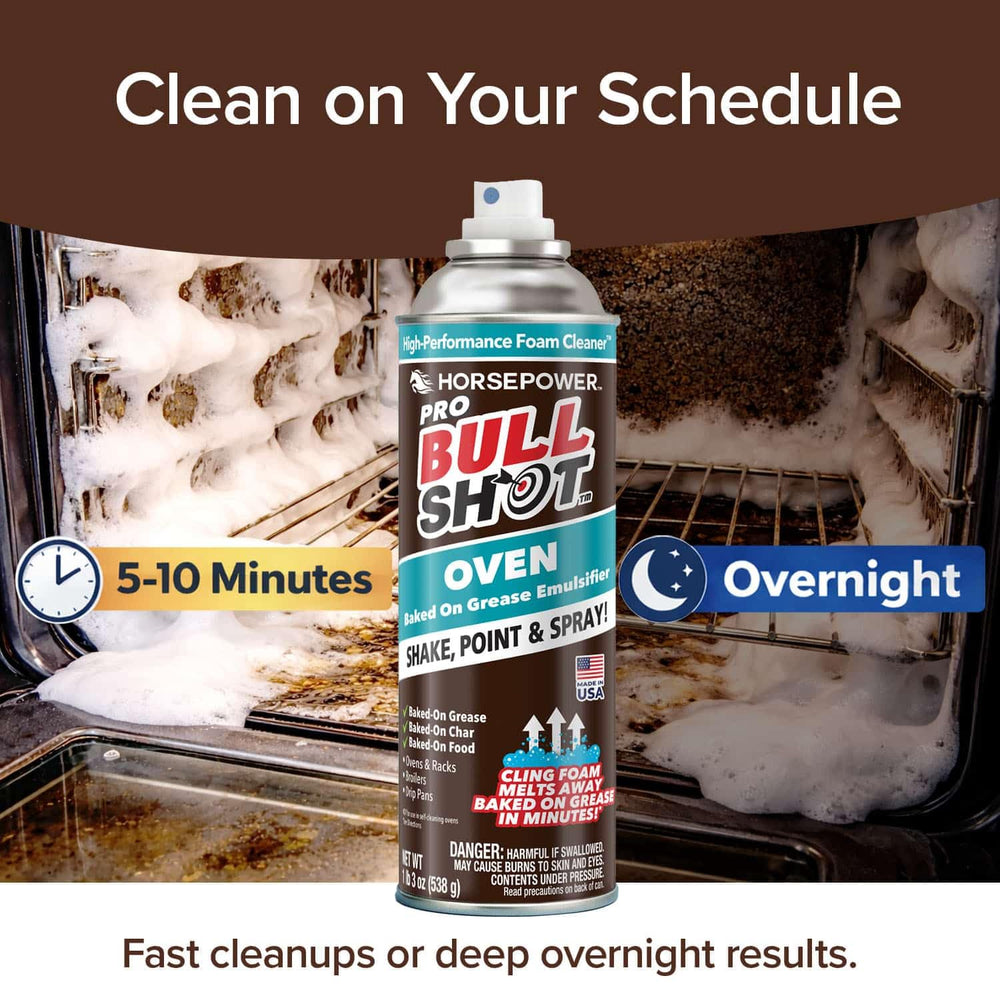 Horsepower Bull Shot Oven Pro cleans stainless steel and glass surfaces effectively.