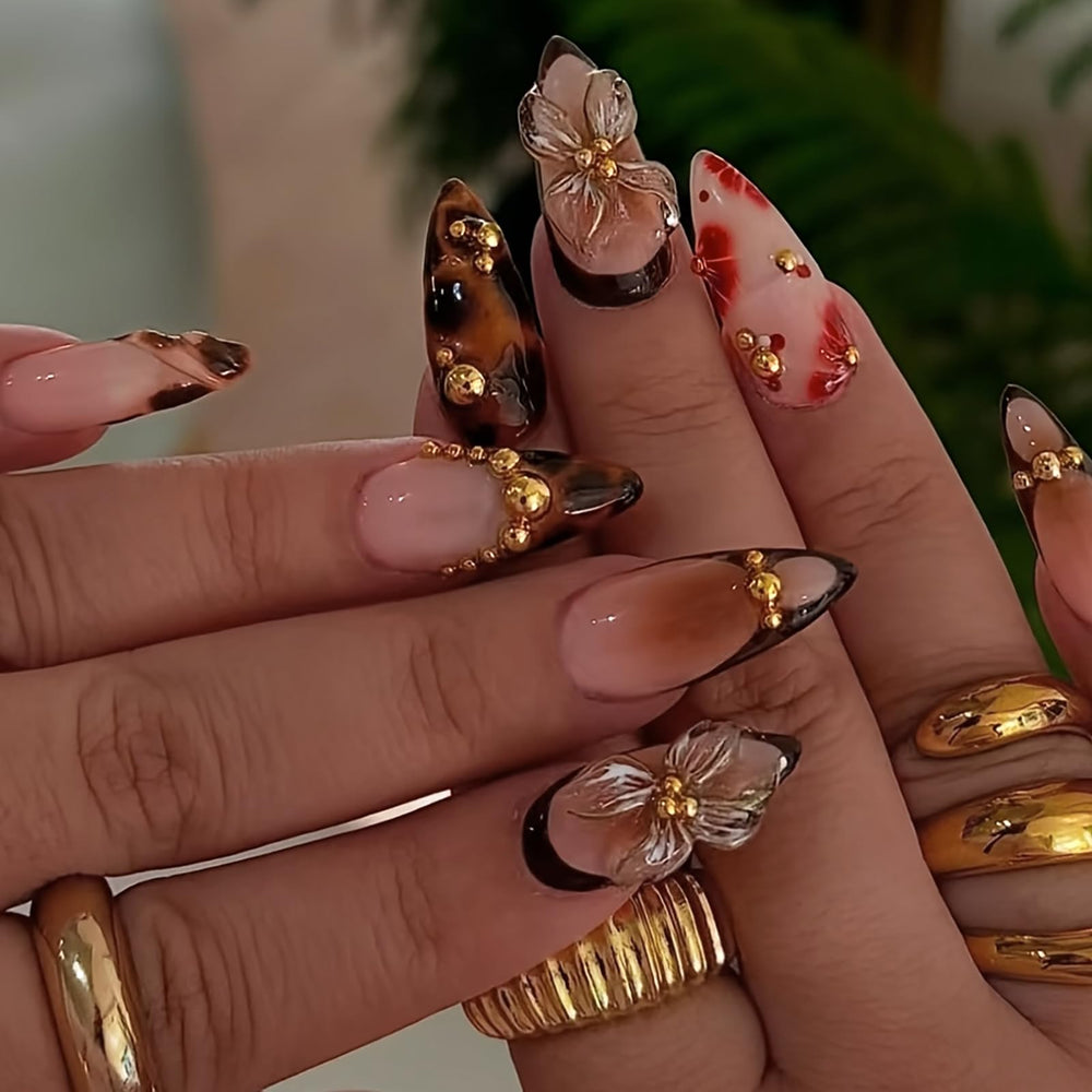 HOSAILY medium almond nails with 3D brown flower for quick, chic autumn style