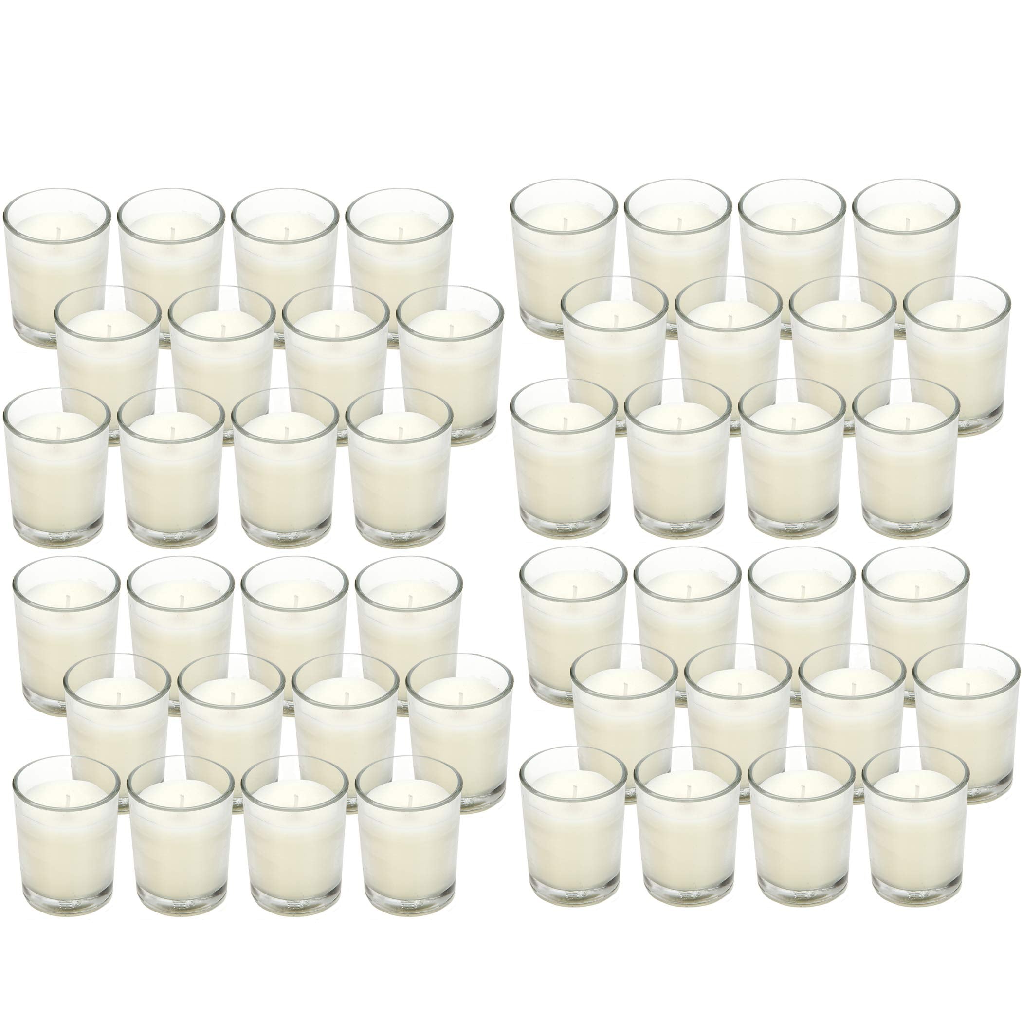 Hosley clear glass votive candle with long, smokeless burn for events.
