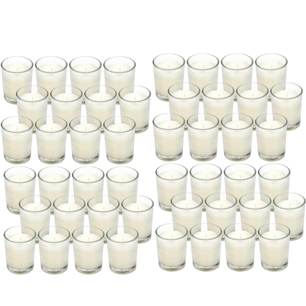 Hosley clear glass votive candle with long, smokeless burn for events.