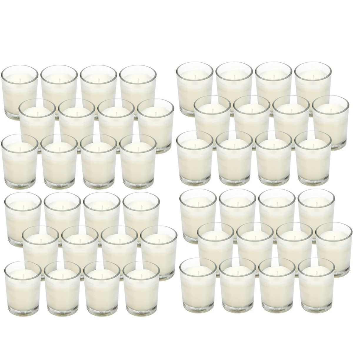 Hosley clear glass votive candle with long, smokeless burn for events.