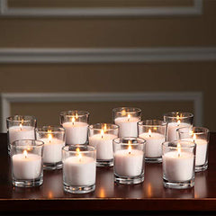 Hosley unscented votives in clear holders suit sensitive spaces.