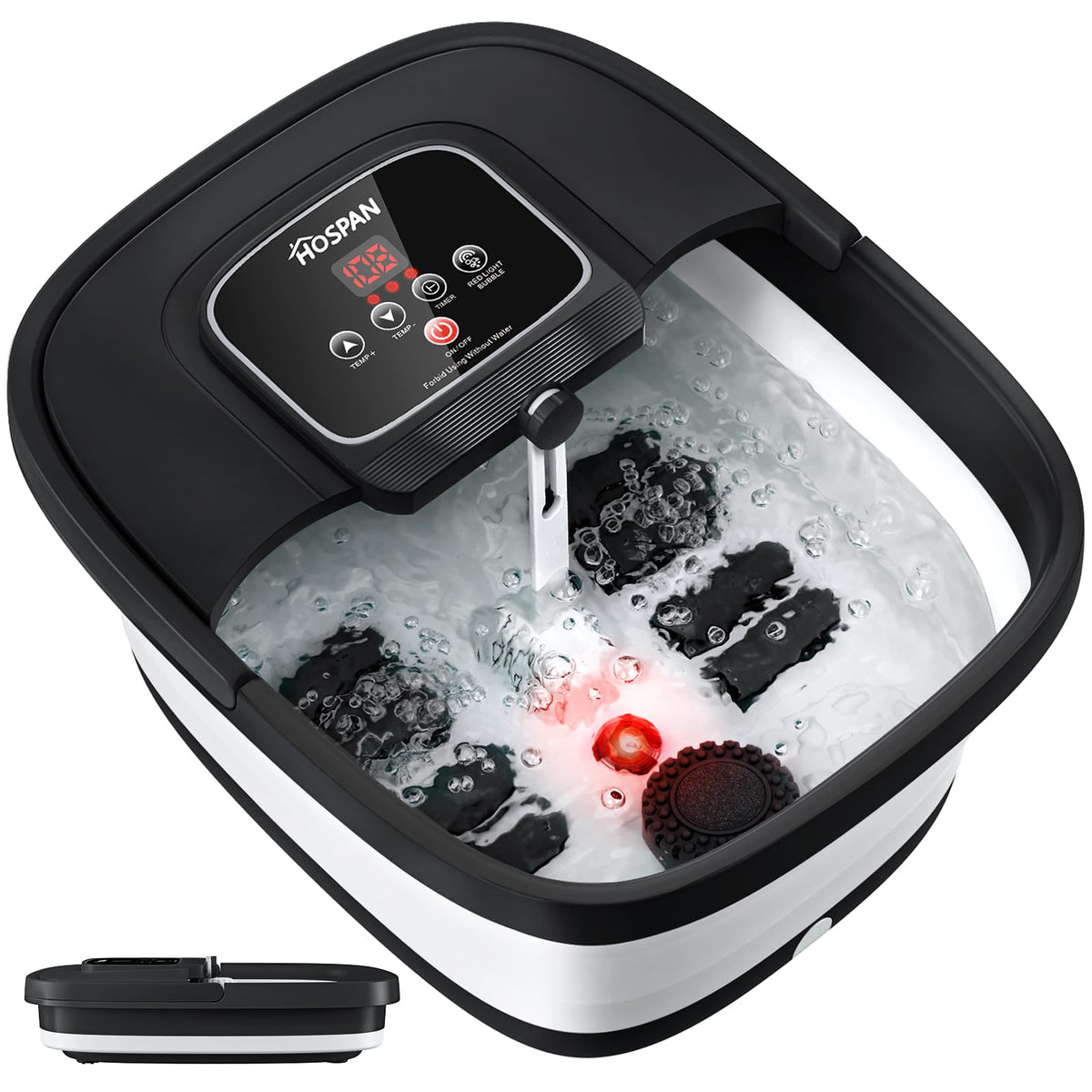 HOSPAN collapsible foot spa showing heat and bubbles for a relaxing home session