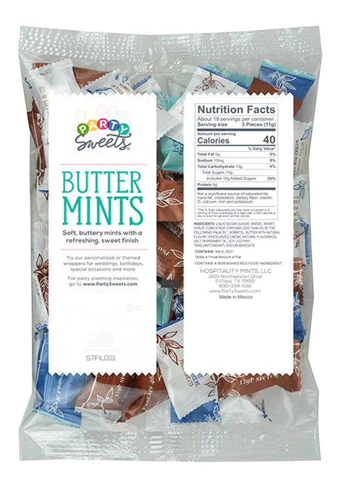 Seven-ounce Hospitality Mints bags displayed for easy party favors.