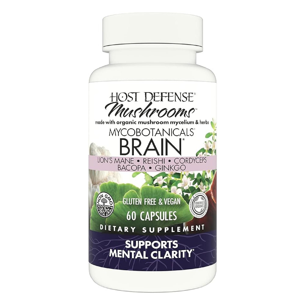 Host Defense BrainBotanicals bottle front promotes clarity and focus