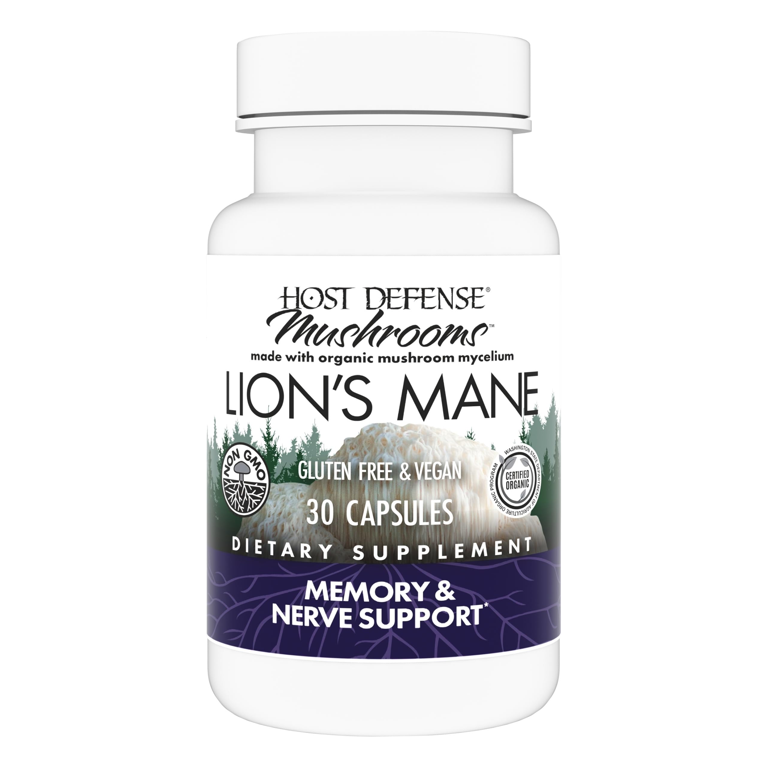 Host Defense Lion's Mane bottle front showing daily brain support